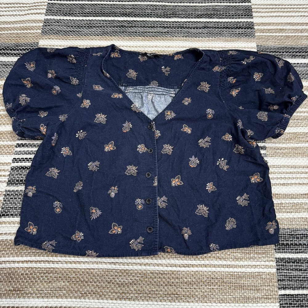 Madewell Shirt Women's Medium Corduroy Bubble Sleeve Crop Shirt Navy Blockprint - Picture 4 of 14